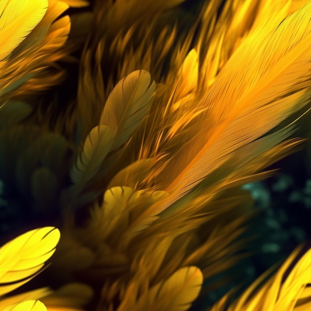 Yellow feathers are arranged in a bouquet on a table generative ai