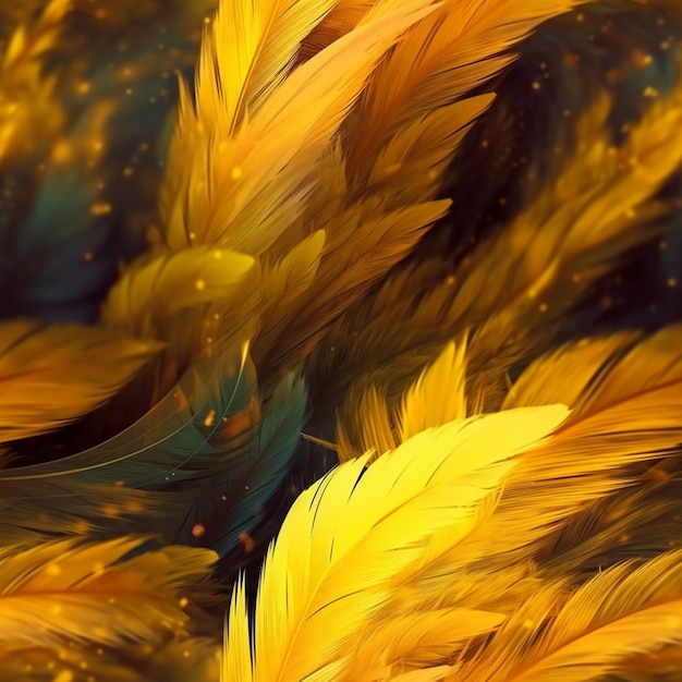 Yellow feathers are scattered together in a field of grass generative ai