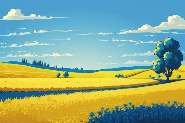 Yellow field under deep blue sky Panoramic view