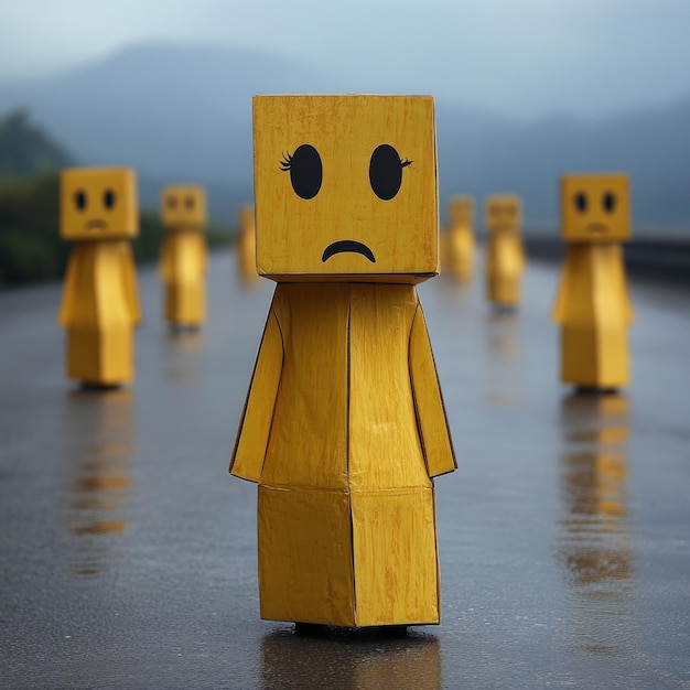 Photo yellow figures with sad faces stand on a rainy road by misty mountains evoking a melancholic mood