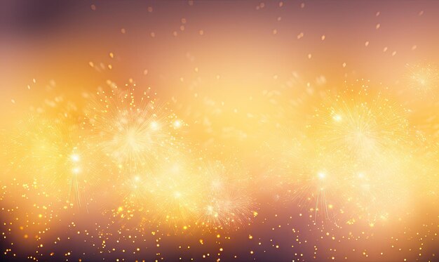 Yellow fireworks burst forth in the night lighting up the orange sky with a captivating brilliance and enchanting spectacle