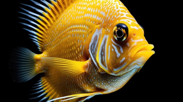 A yellow fish with a black background