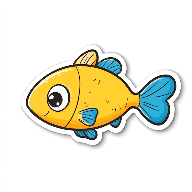 a yellow fish with a blue ribbon on its tail