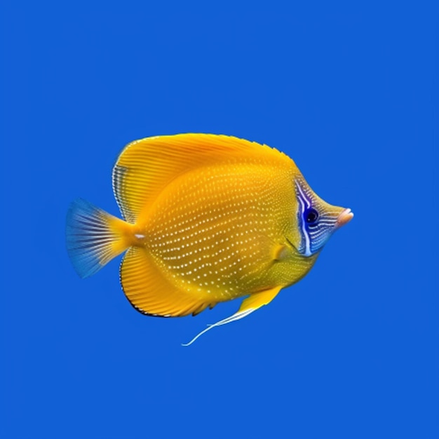 Photo a yellow fish with blue and white stripes is in the blue sky