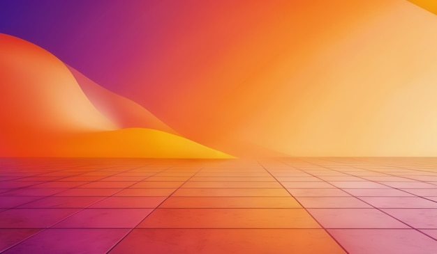 a yellow floor with a purple and orange background