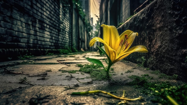 A yellow flower in a alley with a broken wall