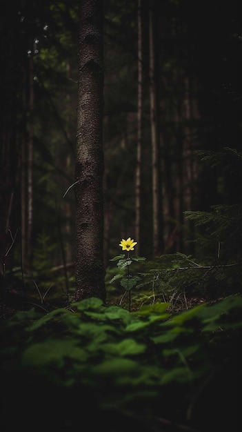 A yellow flower in a dark forest