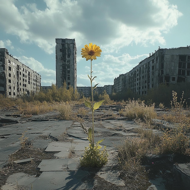 Photo a yellow flower in a field of weeds and buildings