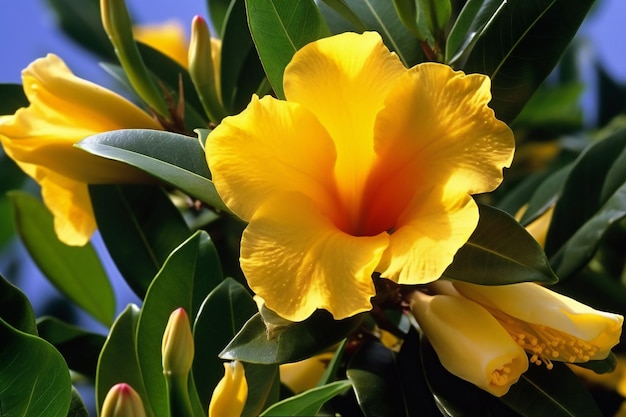 Yellow flower in the garden on a background of green leaves and blue sky