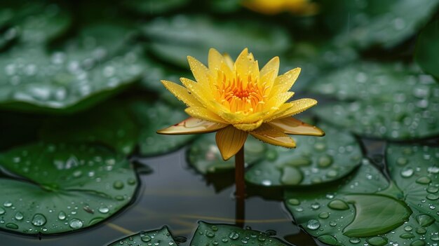 A yellow flower is floating on a pond