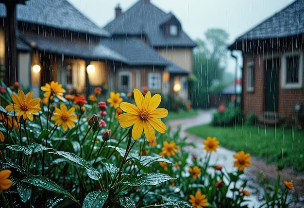 a yellow flower is in a garden with a house in the background