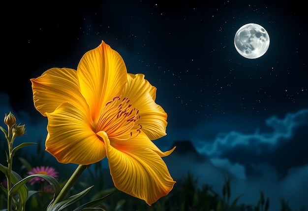 yellow flower in the night sky with the moon in the background