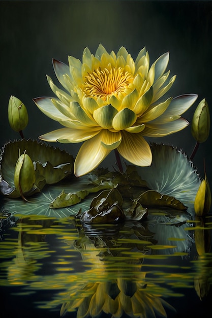 Yellow flower sitting on top of a body of water generative ai