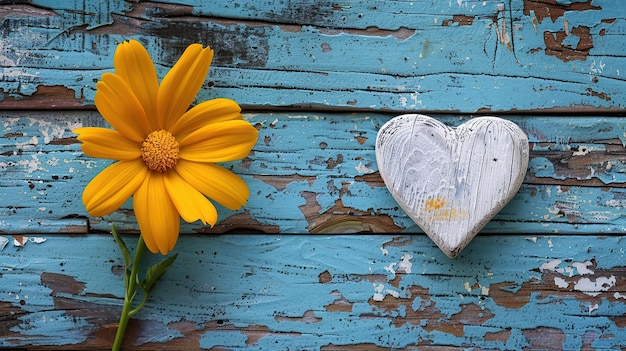 Yellow Flower and White Heart on Blue Wooden Background