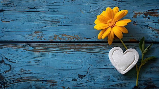 Yellow Flower and White Heart on Blue Wooden Background