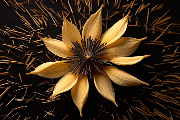 a yellow flower with a black background with a black background.