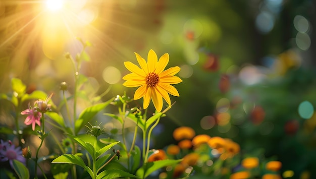 a yellow flower with the sun behind it