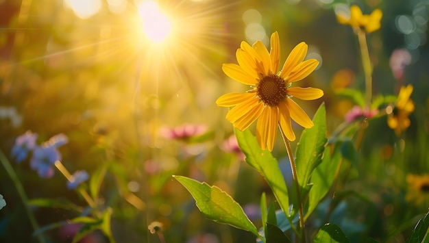 a yellow flower with the sun shining through it