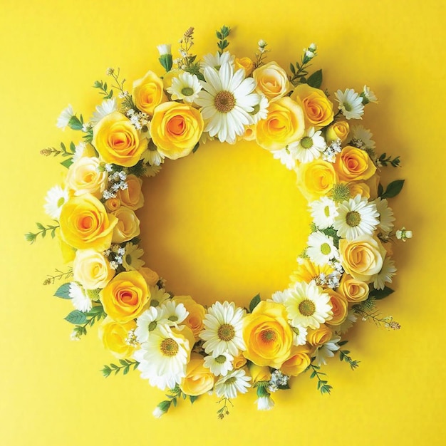 Photo a yellow flower wreath with white flowers and green leaves