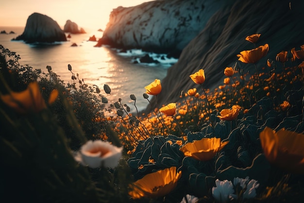 yellow flowers bloom over mountains by the shore