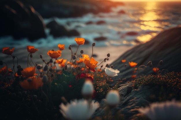 yellow flowers bloom over mountains by the shore