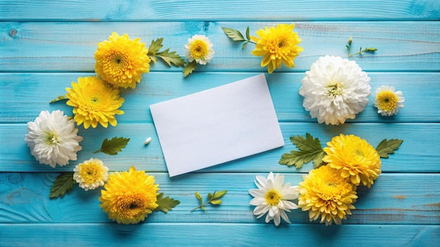 Photo yellow flowers on a blue background with a white envelope