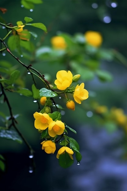 Yellow flowers on a branch with the raindrops on them.