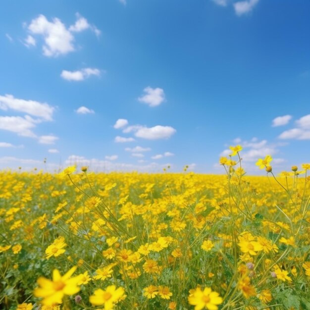 Yellow flowers in a field with a blue sky and clouds