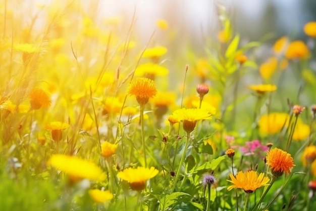 Yellow flowers in the grass Generative AI