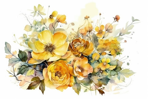 Yellow Flowers Painted with Watercolors on a White Backgroun Generative AI