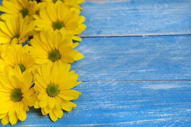 Yellow Flowers over painted wooden background for text