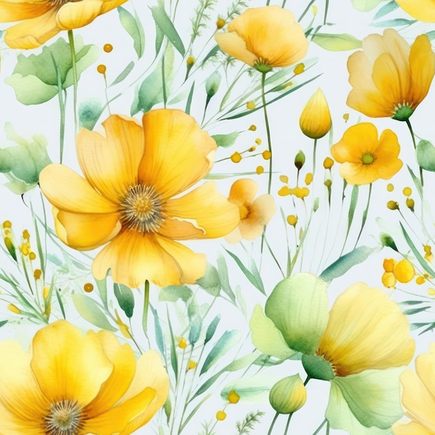 yellow flowers watercolor seamless pattern