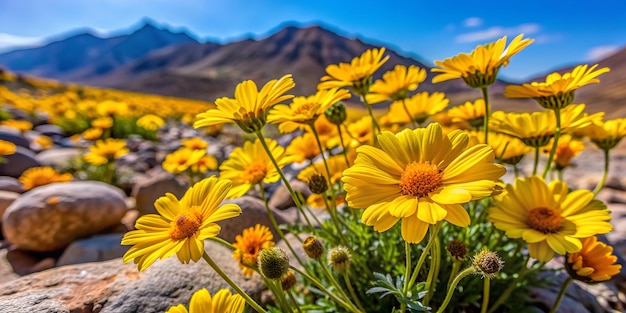 yellow flowers with mountains in the background