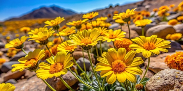 yellow flowers with mountains in the background