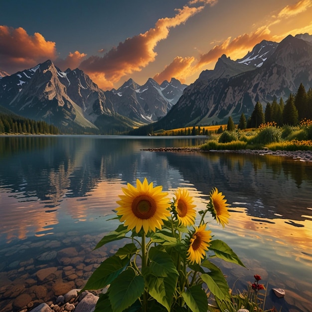 yellow flowers with mountains in the background