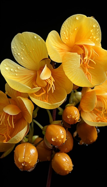 yellow flowers with water droplets on them against a black background generative ai