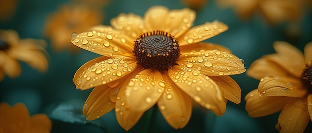 yellow flowers with water droplets on them in a garden