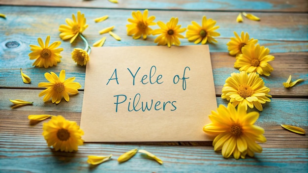 Photo yellow flowers on a wooden background with a card that says a yellow flower