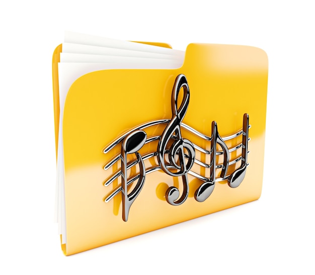 Yellow folder 3d icon with musical notes isolated on white