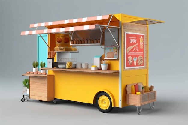 A yellow food cart mock up with a sign that ice cream