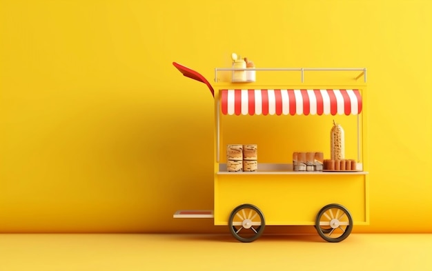 A yellow food cart with a red and white awning and a red awning