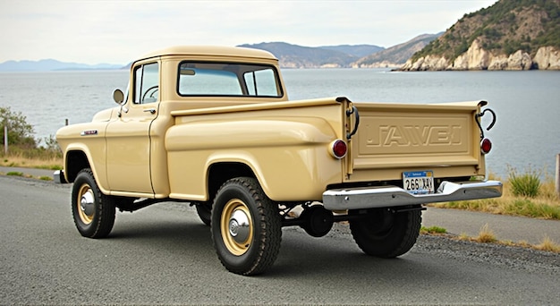 Photo a yellow ford truck with the license plate number h h