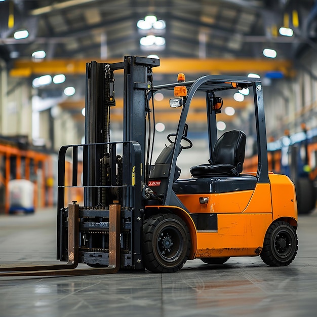 a yellow forklift is parked in a warehouse with other vehicles