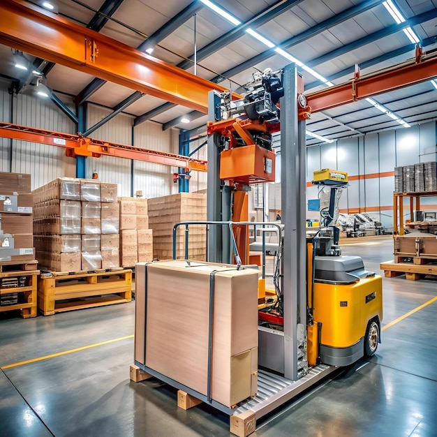 A yellow forklift maneuvers through a large warehouse lifting a wooden pallet of boxed goods