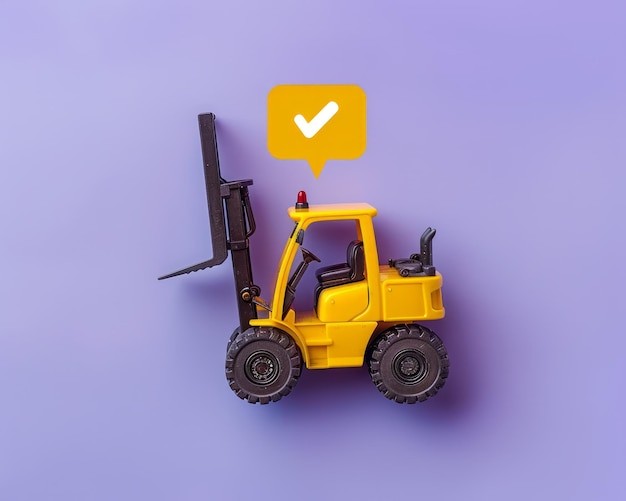 Yellow Forklift Miniature with Check Mark Symbol on Purple Background Construction Equipment