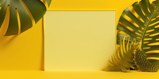 A yellow frame with a plant on it and a yellow background