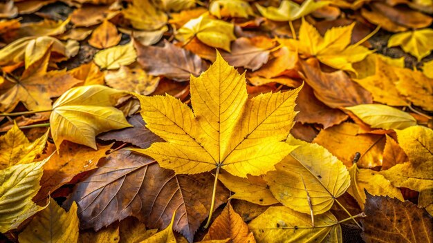 yellow fresh leaves on dry leaves