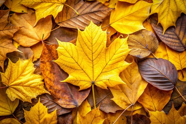 yellow fresh leaves on dry leaves