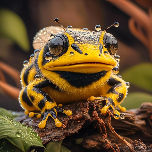 a yellow frog with a black eye and a black eye