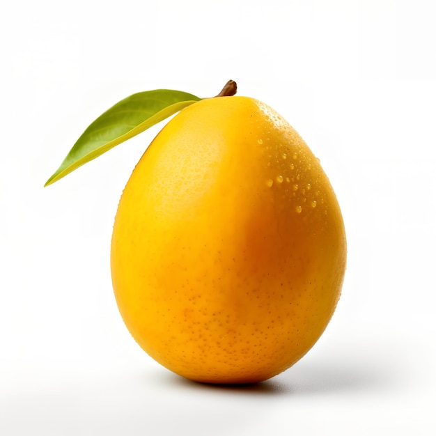 A yellow fruit with a leaf on it